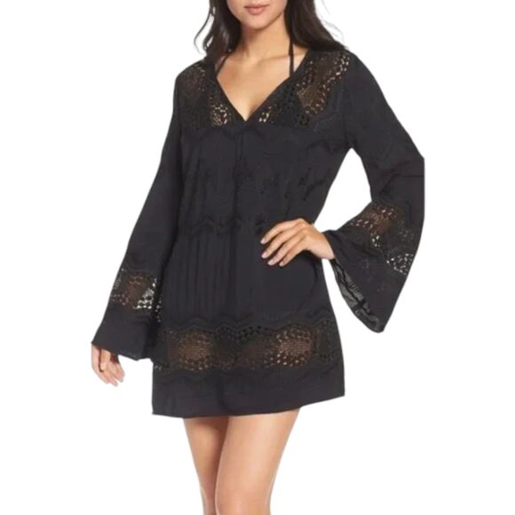 LA BLANCA Crochet Tunic Mini Dress Black Size Large Swim Cover-Up EUC - Picture 1 of 15